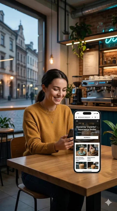 Klientka przegląda stronę internetową swojej kawiarni na smartfonie
